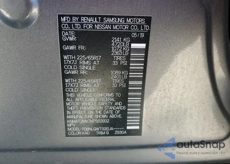 2019 Nissan Rogue S z USA, uszkodzony, nr VIN KNMAT2MV7KP553932